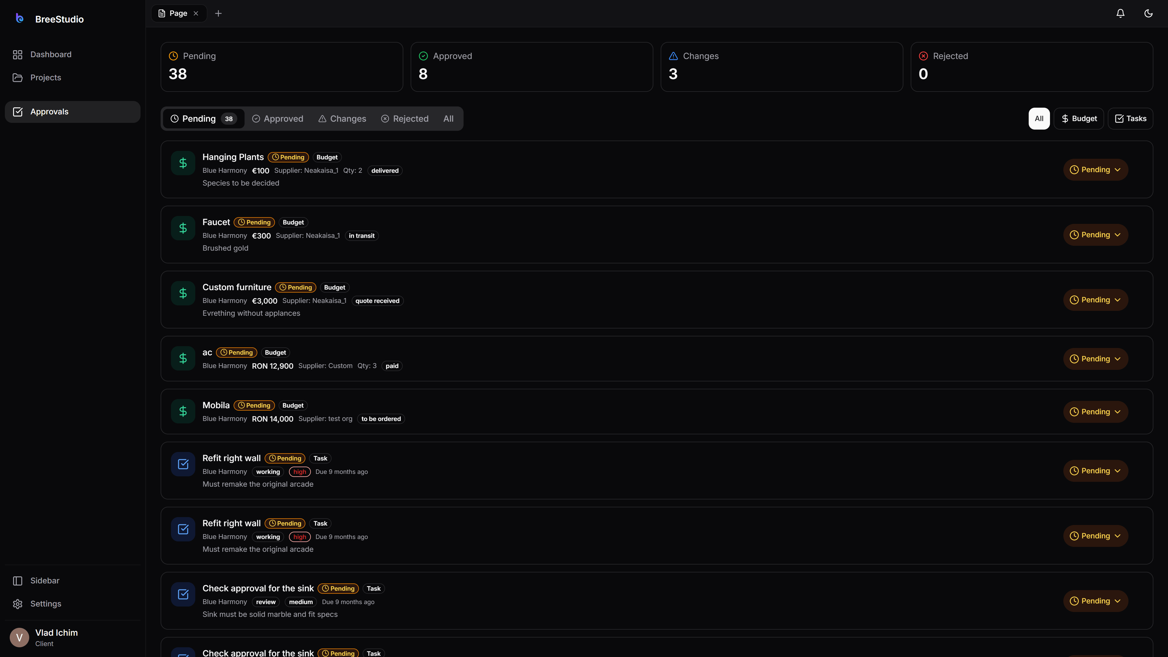 Client approval interface — dark mode