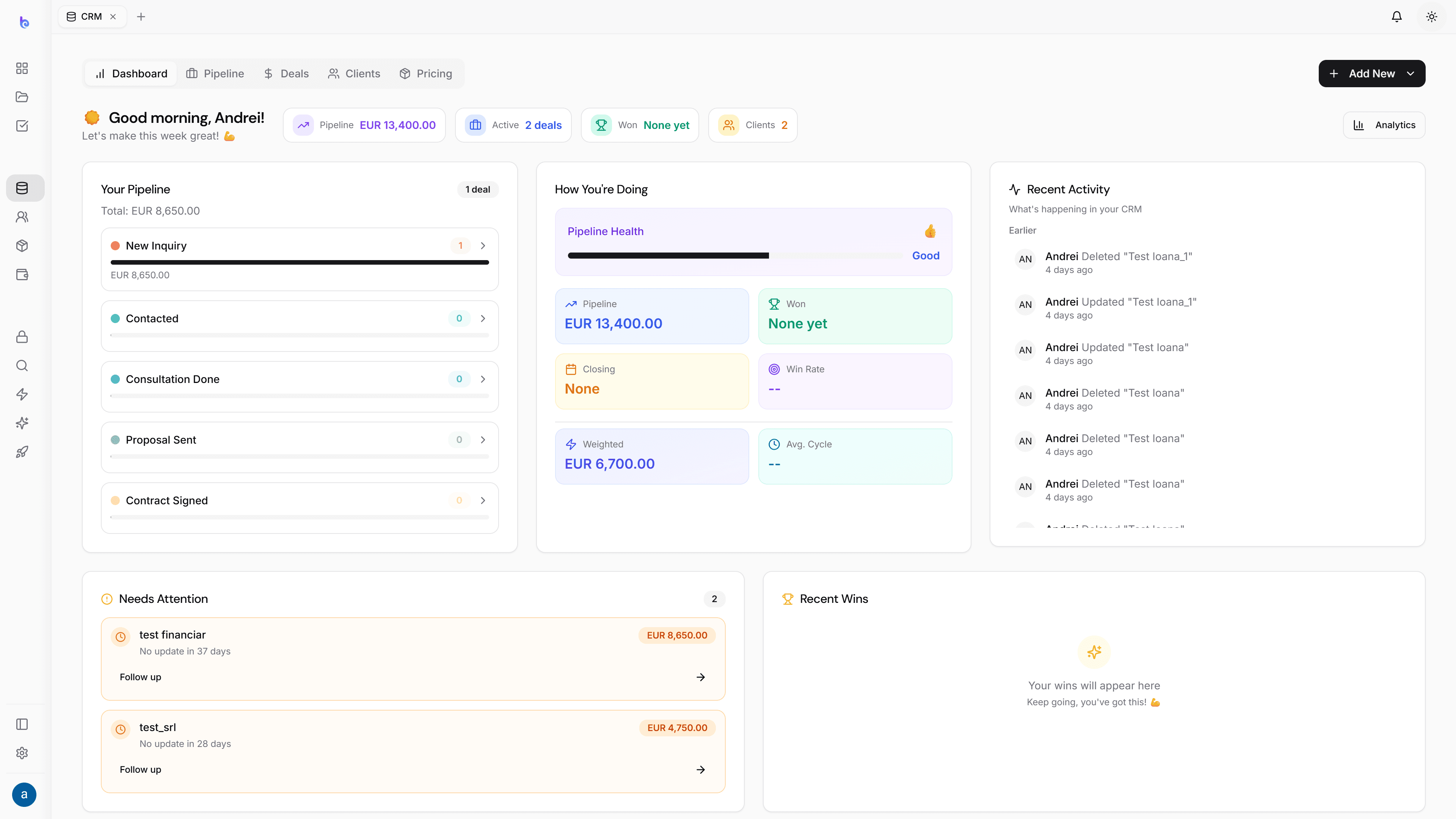 The first call — CRM & Pipeline in light mode
