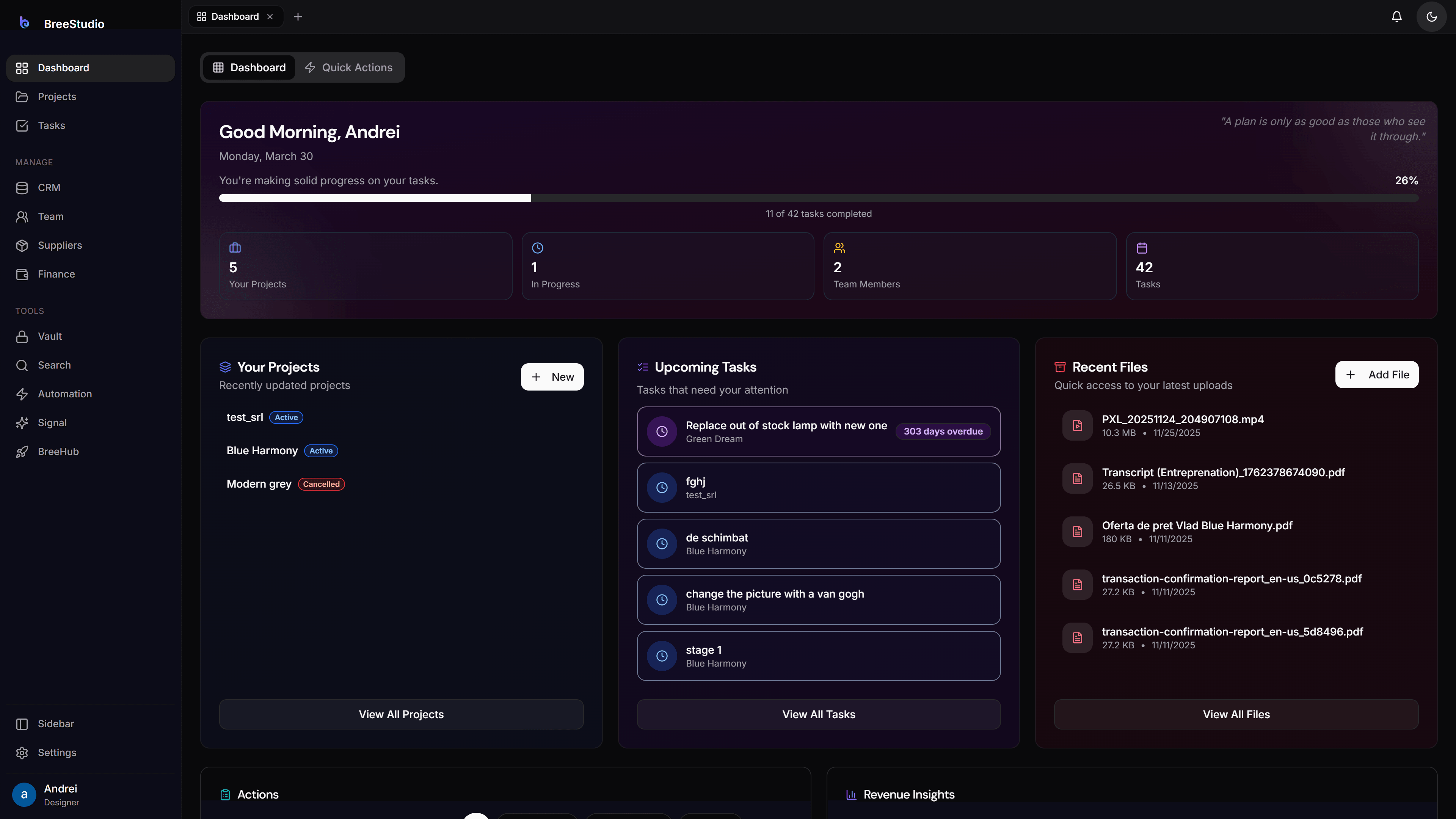 Designer dashboard — dark