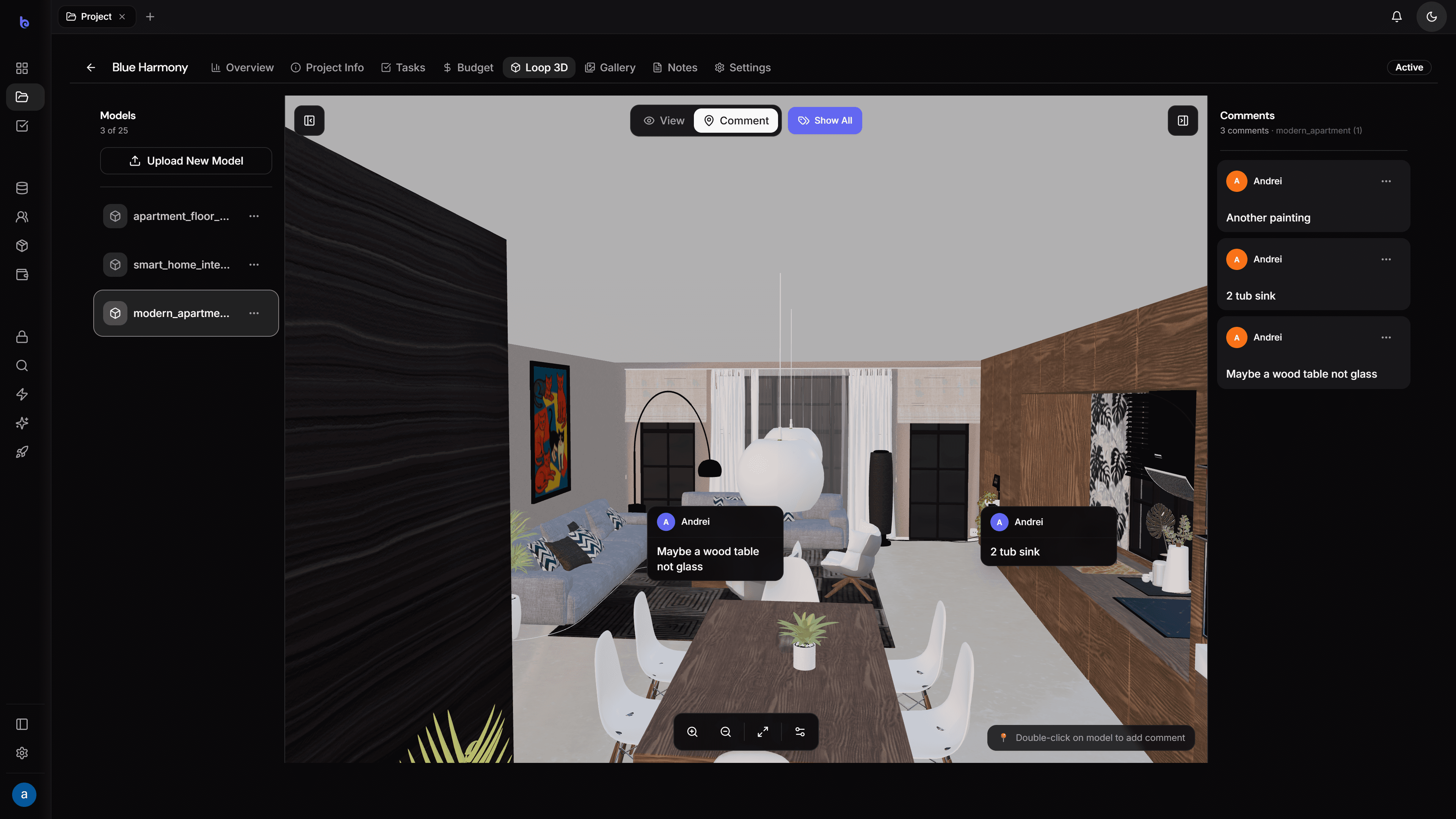 3D room review with comments