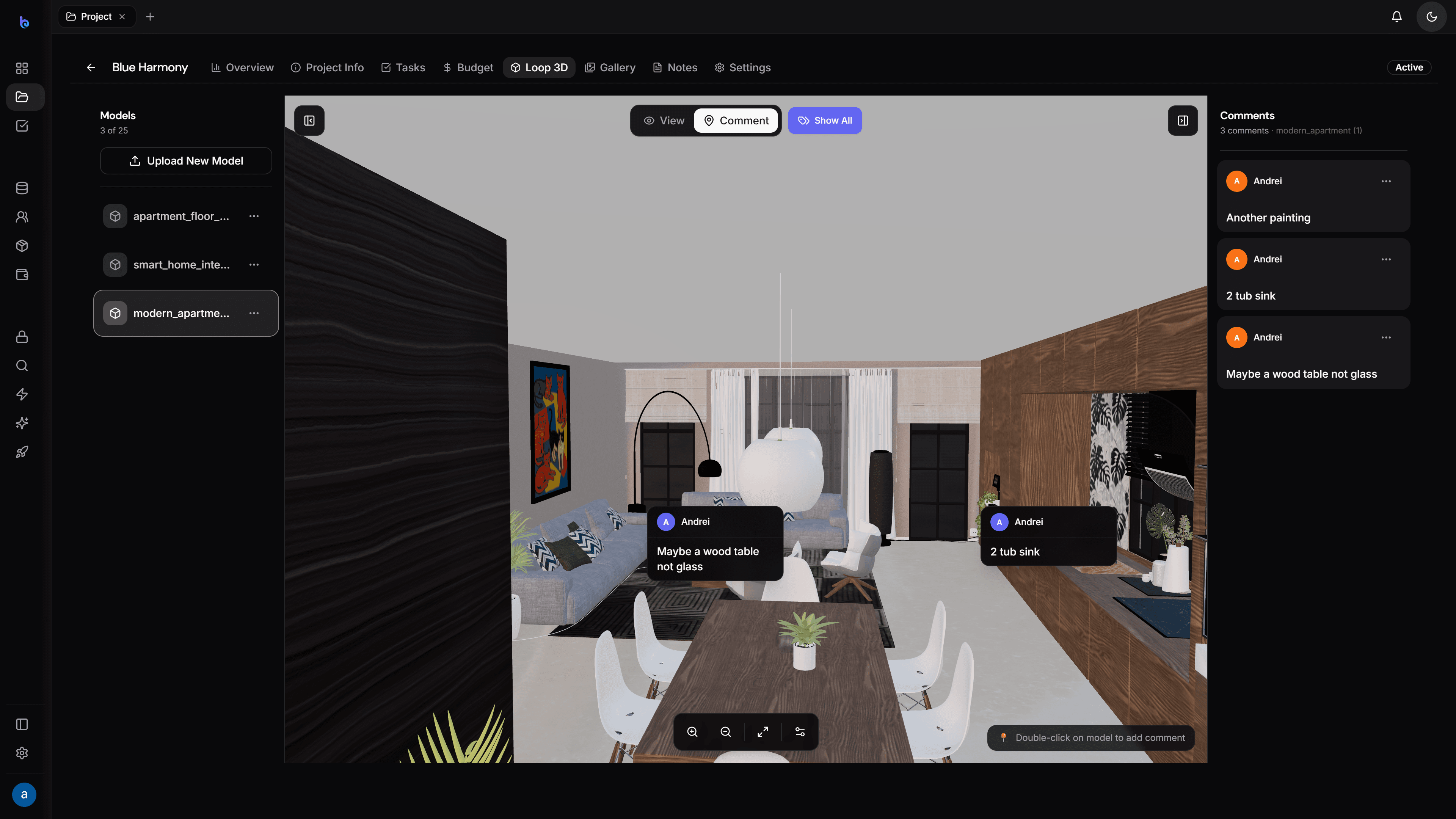 Review & approve — Loop 3D & Client Portal in dark mode