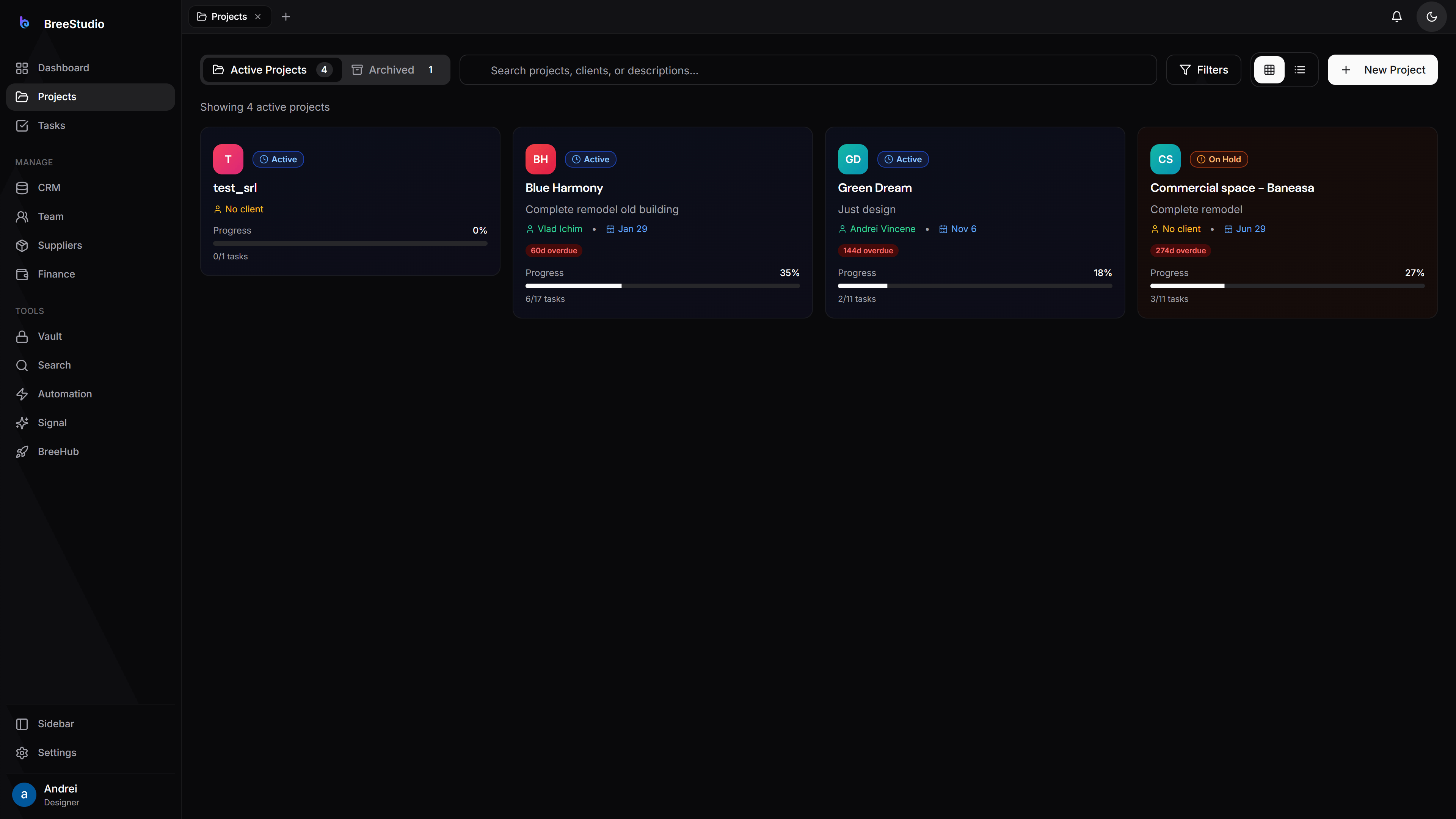 Projects interface in dark mode