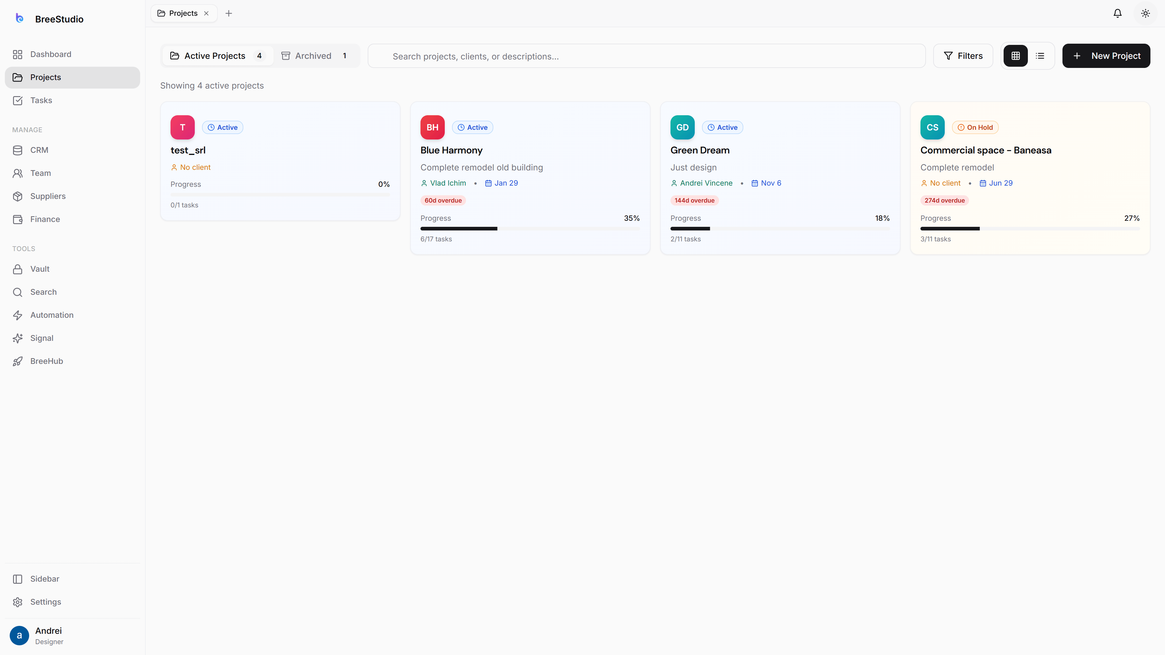 Projects interface in light mode